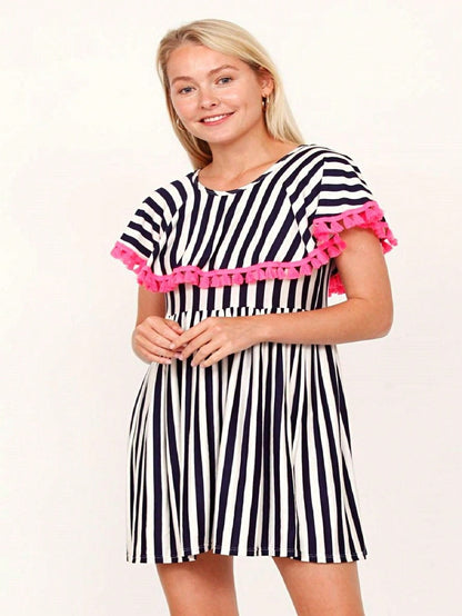 Boho Retro Stripe Pink Tassel Rayon Cool Smooth Soft Tunic Dress Top Shirt Blouse