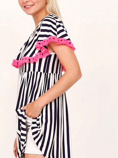 Boho Retro Stripe Pink Tassel Rayon Cool Smooth Soft Tunic Dress Top Shirt Blouse