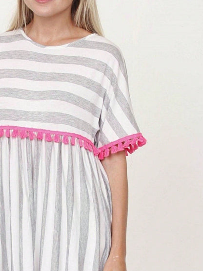 Boho Retro Stripe Pink Tassel Rayon Cool Smooth Soft Tunic Dress Top Shirt Blouse
