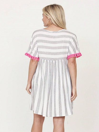 Boho Retro Stripe Pink Tassel Rayon Cool Smooth Soft Tunic Dress Top Shirt Blouse