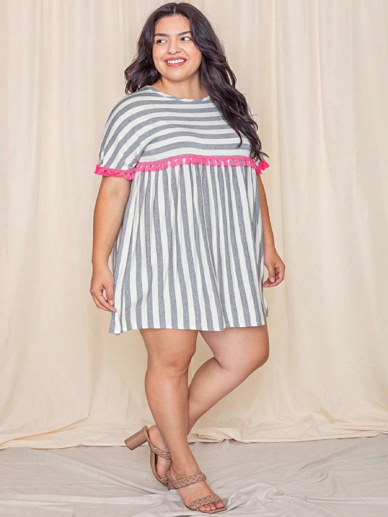 Boho Retro Stripe Pink Tassel Rayon Cool Smooth Soft Tunic Dress Top Shirt Blouse