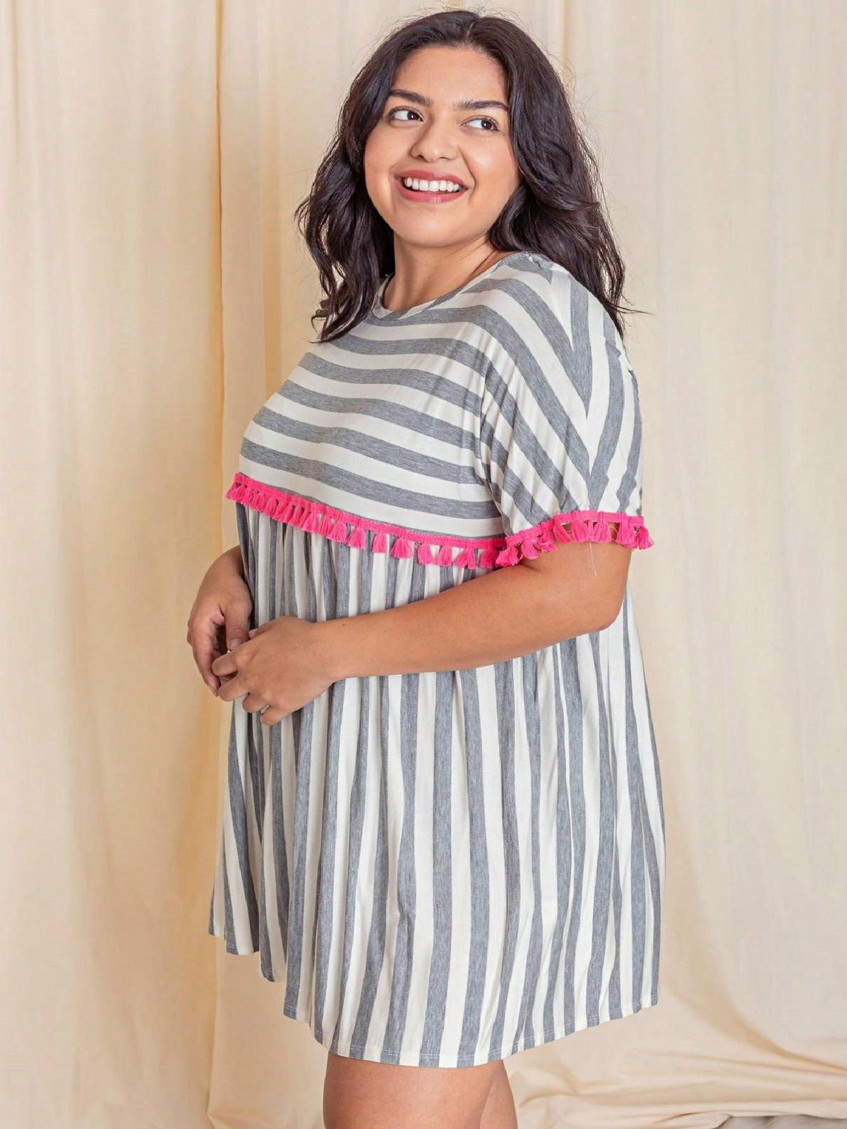 Boho Retro Stripe Pink Tassel Rayon Cool Smooth Soft Tunic Dress Top Shirt Blouse