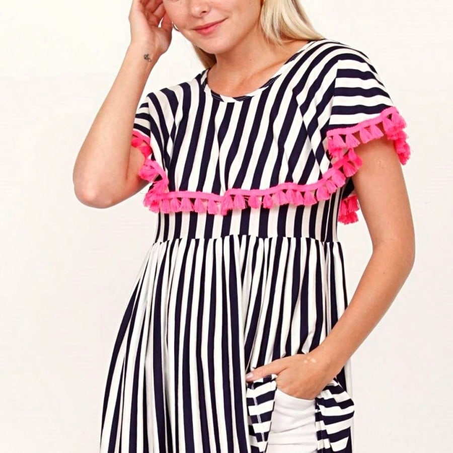 Boho Retro Stripe Pink Tassel Rayon Cool Smooth Soft Tunic Dress Top Shirt Blouse