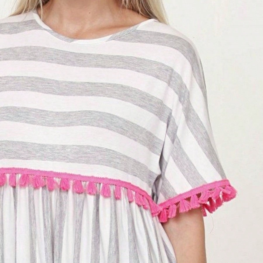 Boho Retro Stripe Pink Tassel Rayon Cool Smooth Soft Tunic Dress Top Shirt Blouse