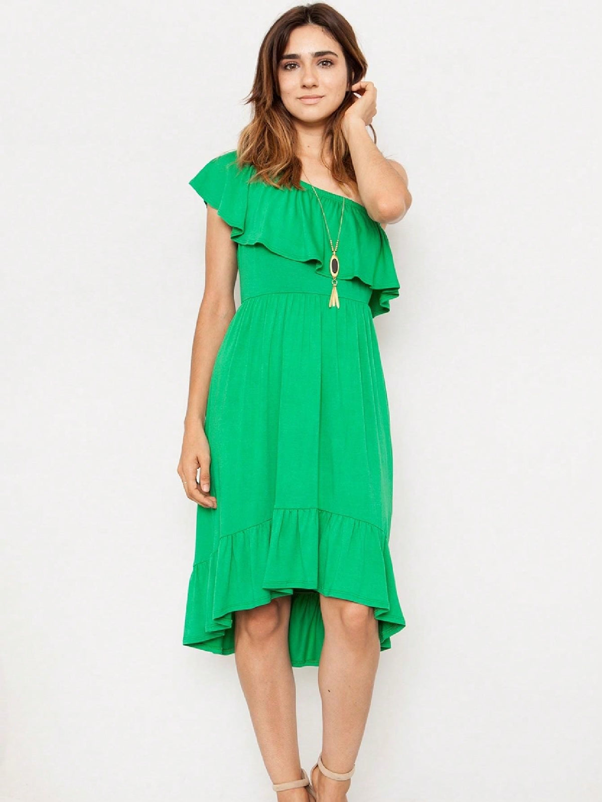 Boho Retro Kelly Green One Shoulder Rayon Ruffle Bottom Flounce Summer Cool Sleeve Midi Tiered Dress