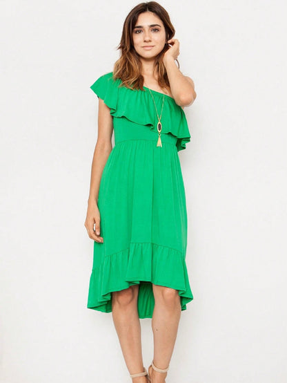 Boho Retro Kelly Green One Shoulder Rayon Ruffle Bottom Flounce Summer Cool Sleeve Midi Tiered Dress