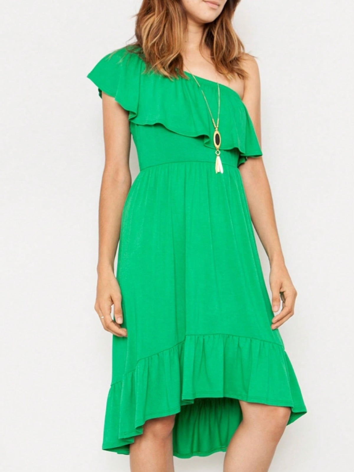 Boho Retro Kelly Green One Shoulder Rayon Ruffle Bottom Flounce Summer Cool Sleeve Midi Tiered Dress