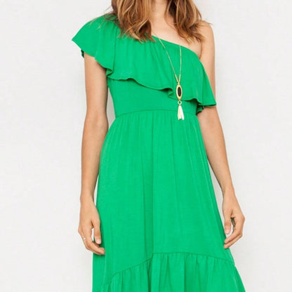 Boho Retro Kelly Green One Shoulder Rayon Ruffle Bottom Flounce Summer Cool Sleeve Midi Tiered Dress