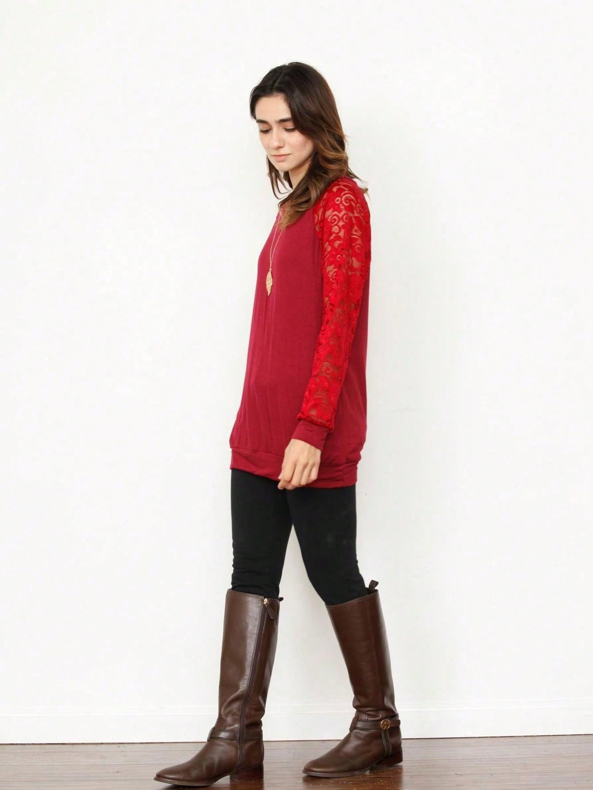 Gold Red Lace Hollow Eyelet Rayon Soft Long  Sleeve Raglan Tunic Top Band Hem Shirt