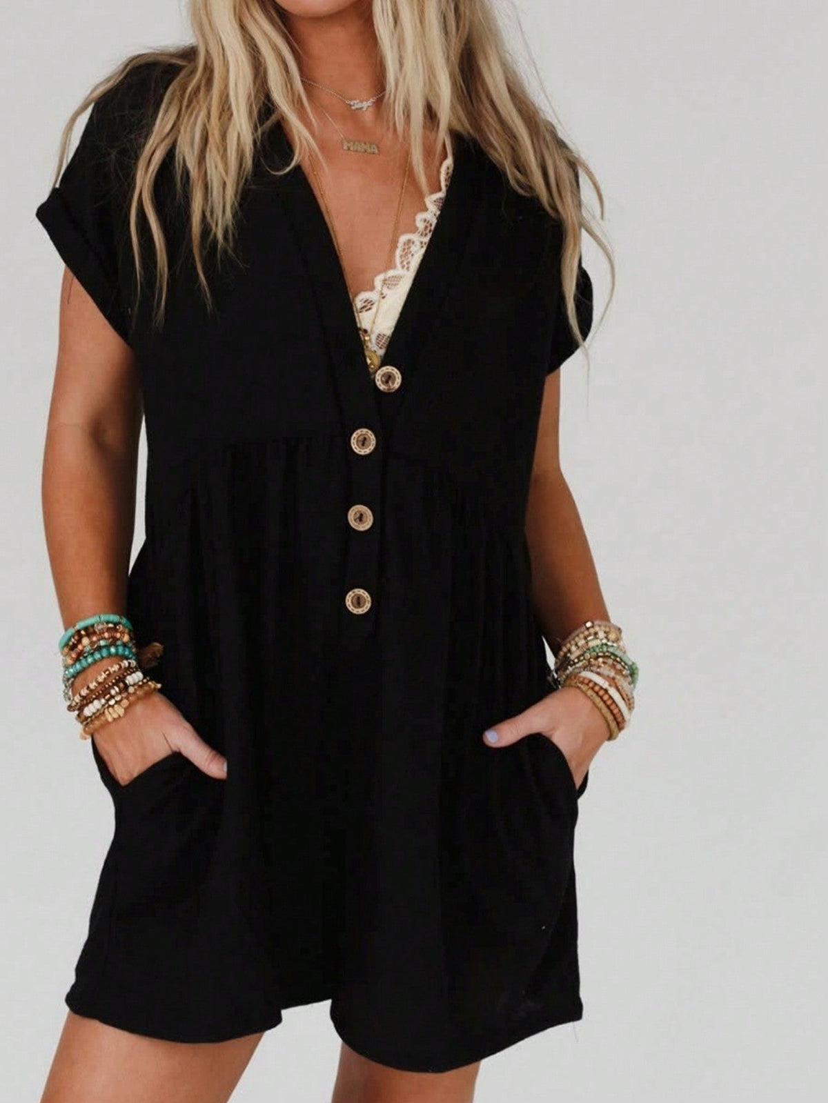 Boho Vintage Button Accent  Viscose Rayon Summer Cool Y2K Romper Jumpsuit Button Front V Neck