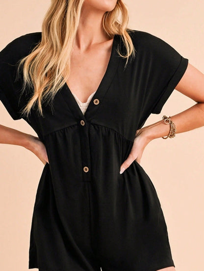 Boho Vintage Button Accent  Viscose Rayon Summer Cool Y2K Romper Jumpsuit Button Front V Neck
