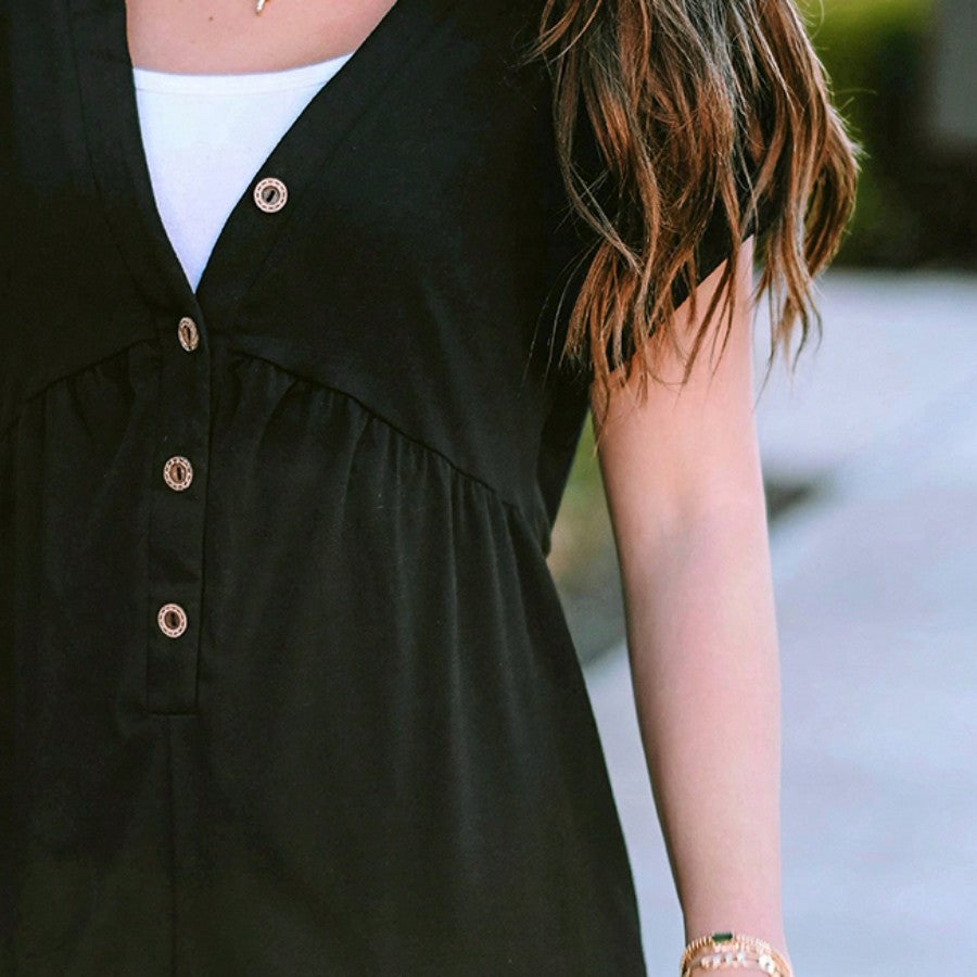 Boho Vintage Button Accent  Viscose Rayon Summer Cool Y2K Romper Jumpsuit Button Front V Neck
