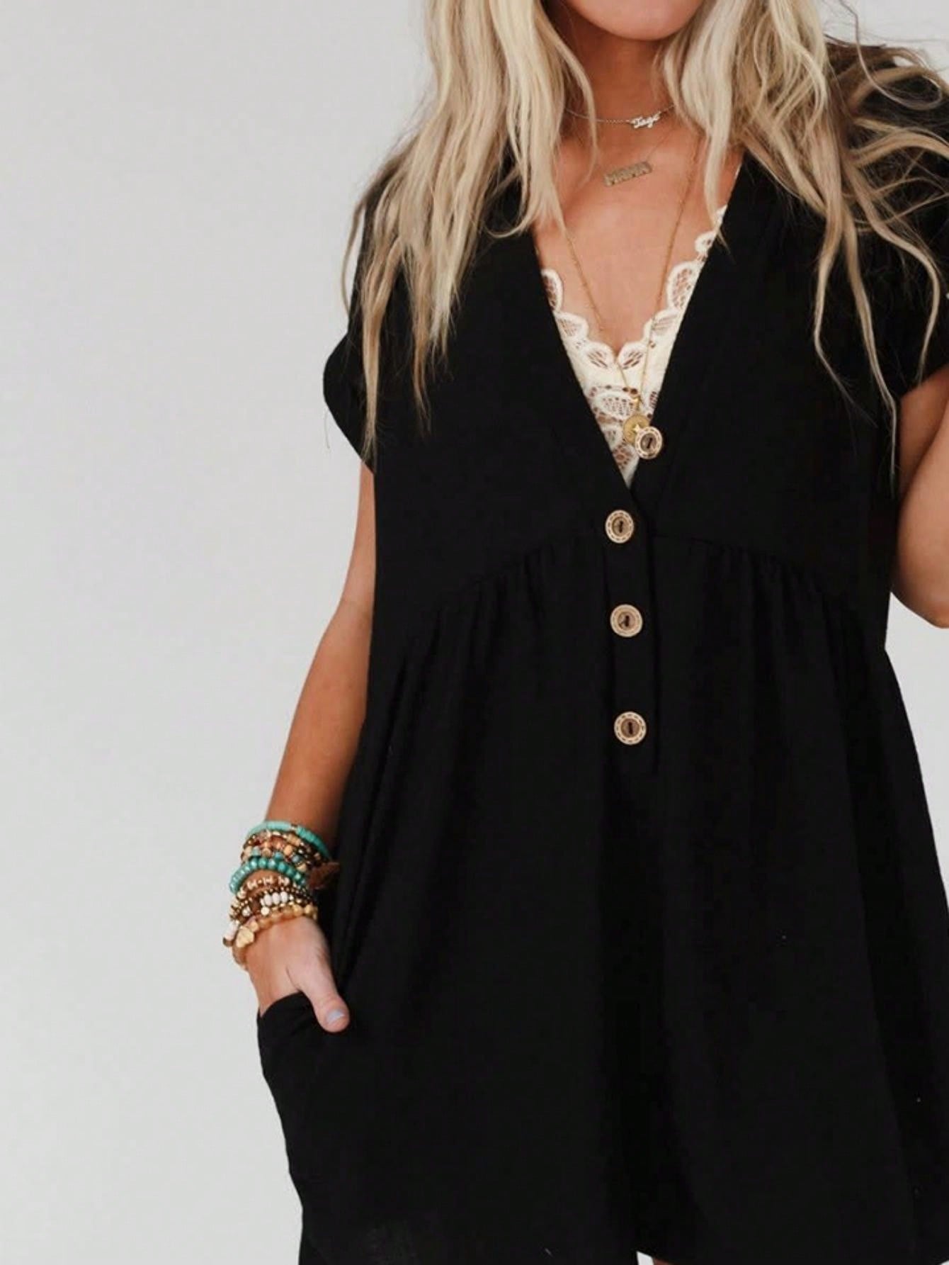 Boho Vintage Button Accent  Viscose Rayon Summer Cool Y2K Romper Jumpsuit Button Front V Neck