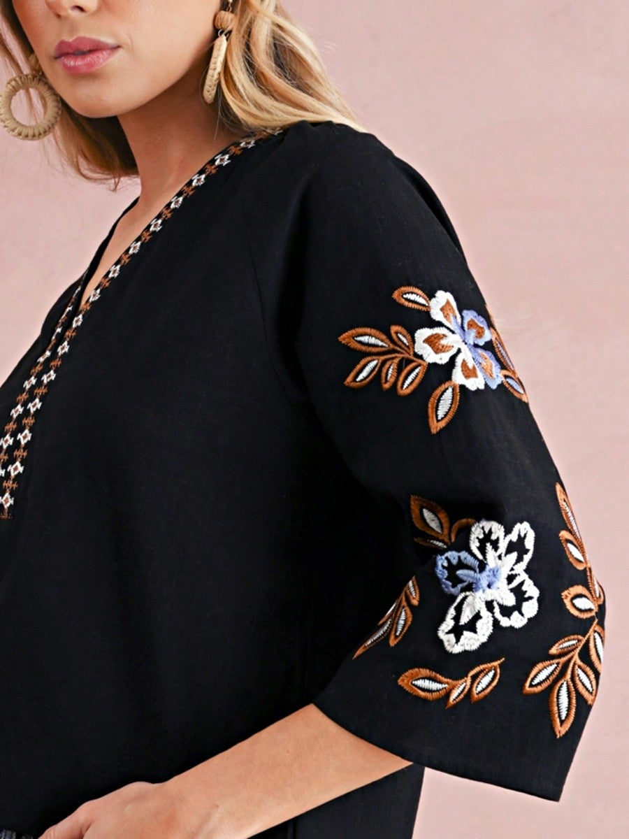 Boho Retro Vintage 60's Vibe Black Floral Tiered PomPom Trimmed Mini Dress