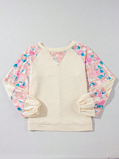 Boho Retro Vintage 60's Vibe Cream Cotton Raglan Lantern Bubble Puff  Sleeve  Floral Rib Patchwork Top Sweat Shirt Blouse