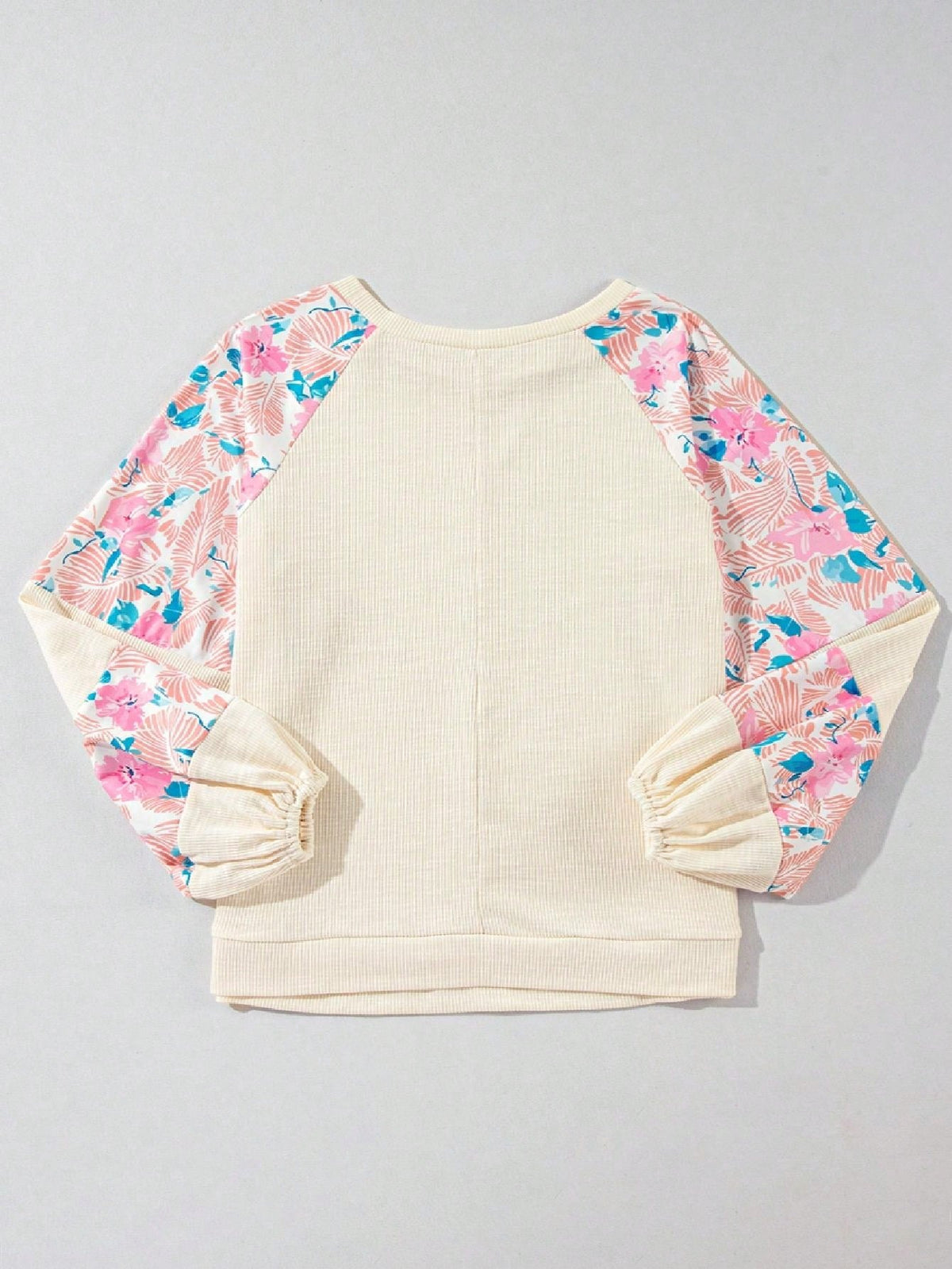 Boho Retro Vintage 60's Vibe Cream Cotton Raglan Lantern Bubble Puff  Sleeve  Floral Rib Patchwork Top Sweat Shirt Blouse