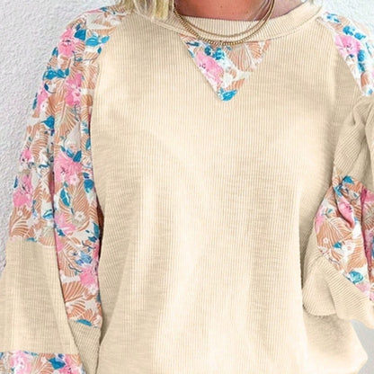 Boho Retro Vintage 60's Vibe Cream Cotton Raglan Lantern Bubble Puff  Sleeve  Floral Rib Patchwork Top Sweat Shirt Blouse