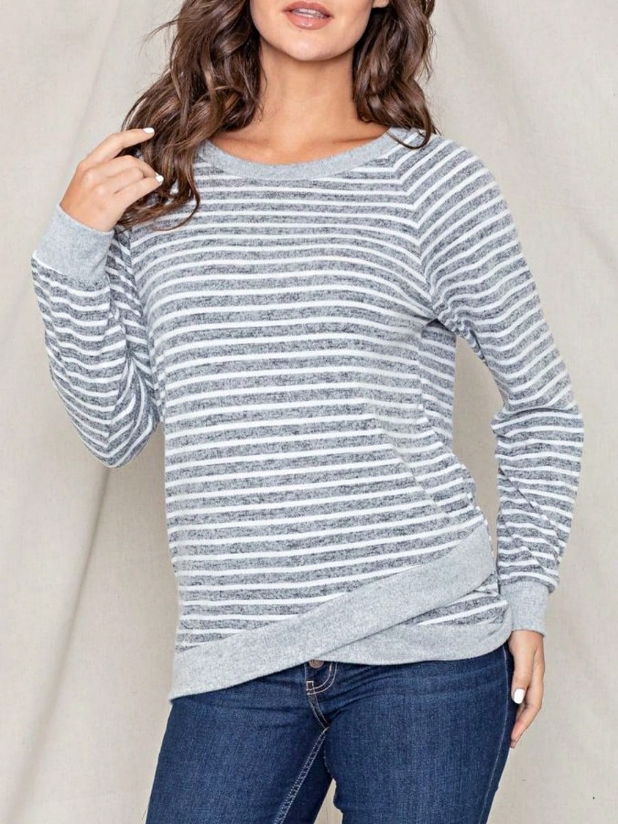 Boho Retro 60's Vintage Tulip Petal Hem Contrast Binding Brushed Soft Stripe Raglan Sleeve Tunic Top