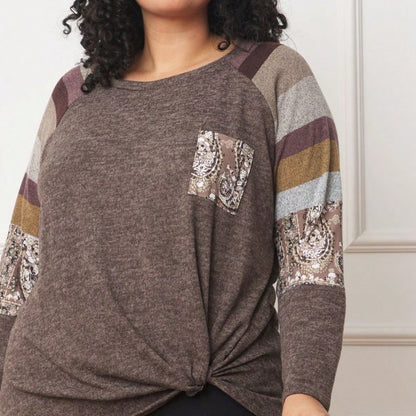 Boho Retro Knot Twisted Front Floral Stripe Knit  Top Blouse Shirt Pullover With Front Pocket
