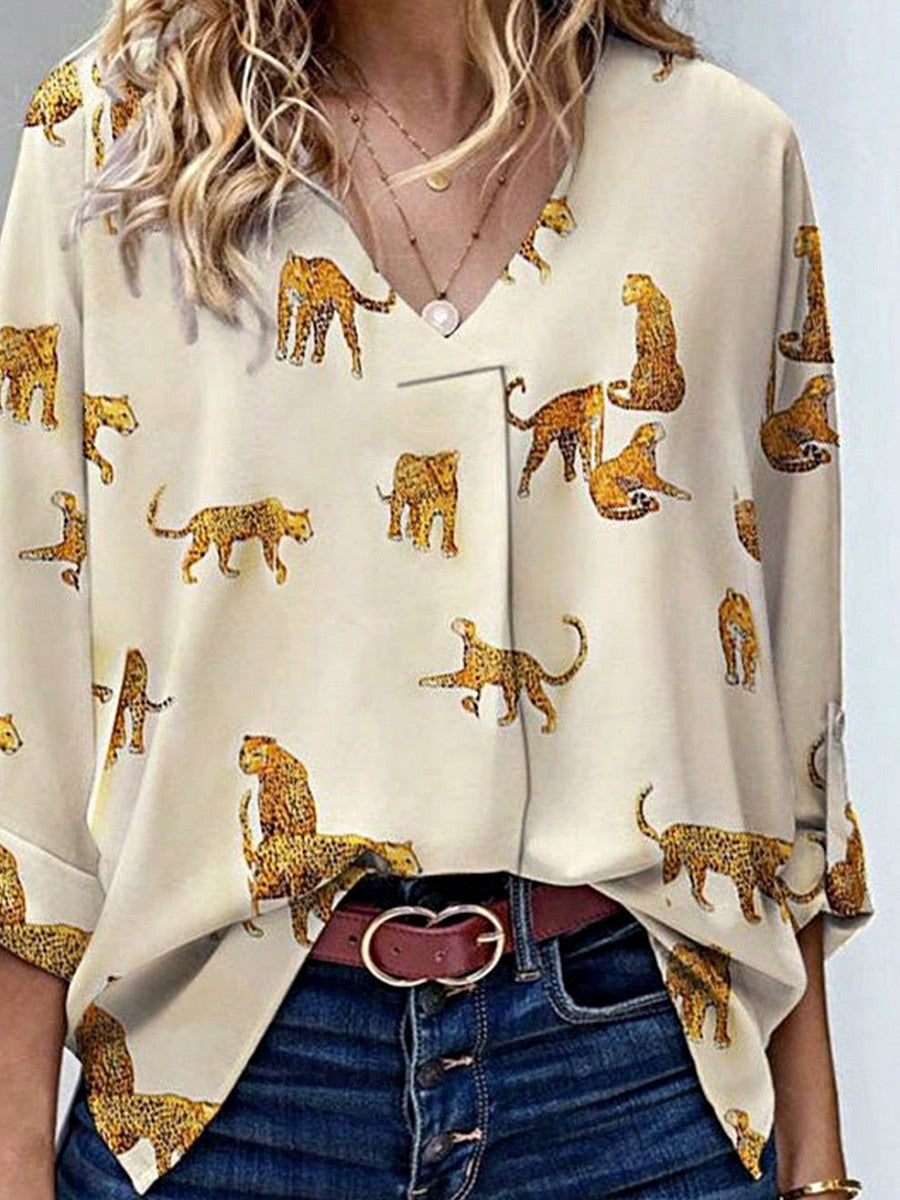 Boho Retro Vintage 90's Cream Beige Apricot Cheeta Leopard Loose Top Shirt Blouse