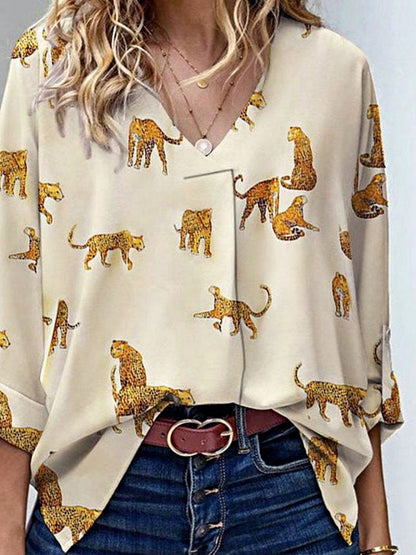 Boho Retro Vintage 90's Cream Beige Apricot Cheeta Leopard Loose Top Shirt Blouse