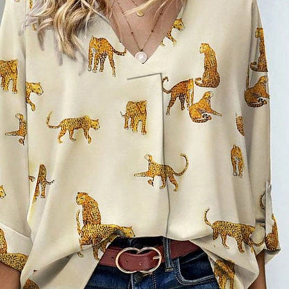 Boho Retro Vintage 90's Cream Beige Apricot Cheeta Leopard Loose Top Shirt Blouse