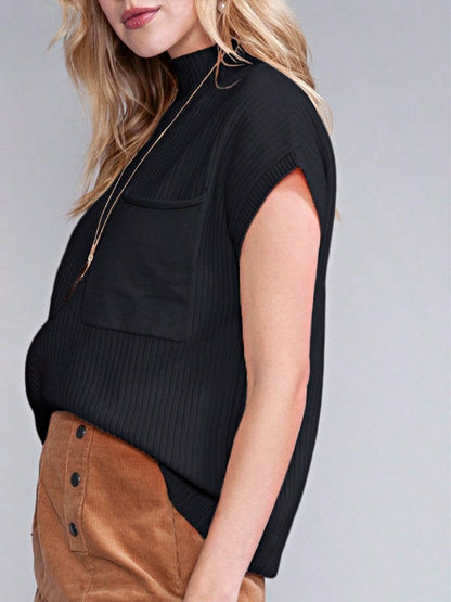 Boho Retro Vintage Viscose Vanilla Beige Green Front Pocket High Mock Neck Ribbed Top Shirt Blouse Vest