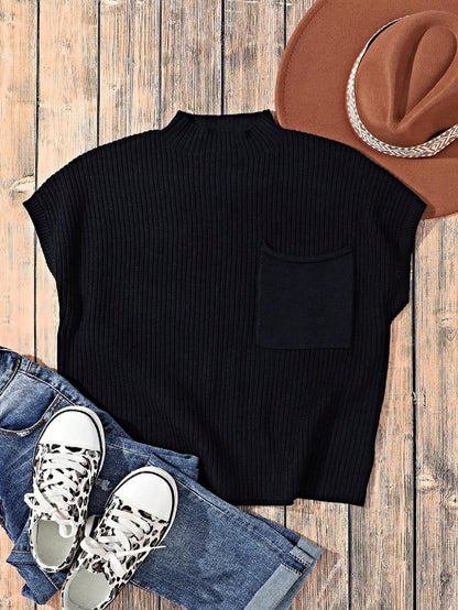 Boho Retro Vintage Viscose Vanilla Beige Green Front Pocket High Mock Neck Ribbed Top Shirt Blouse Vest