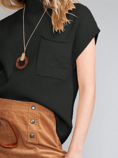 Boho Retro Vintage Viscose Vanilla Beige Green Front Pocket High Mock Neck Ribbed Top Shirt Blouse Vest
