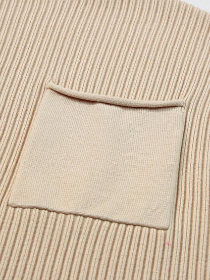 Boho Retro Vintage Viscose Vanilla Beige Green Front Pocket High Mock Neck Ribbed Top Shirt Blouse Vest