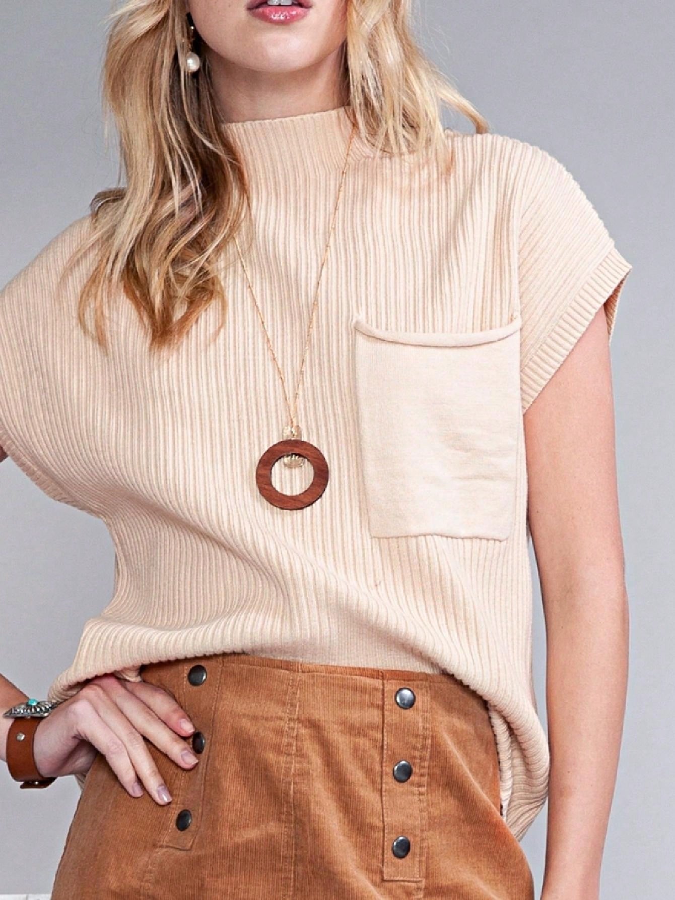 Boho Retro Vintage Viscose Vanilla Beige Green Front Pocket High Mock Neck Ribbed Top Shirt Blouse Vest
