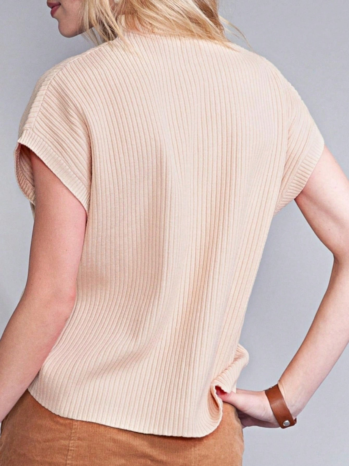 Boho Retro Vintage Viscose Vanilla Beige Green Front Pocket High Mock Neck Ribbed Top Shirt Blouse Vest