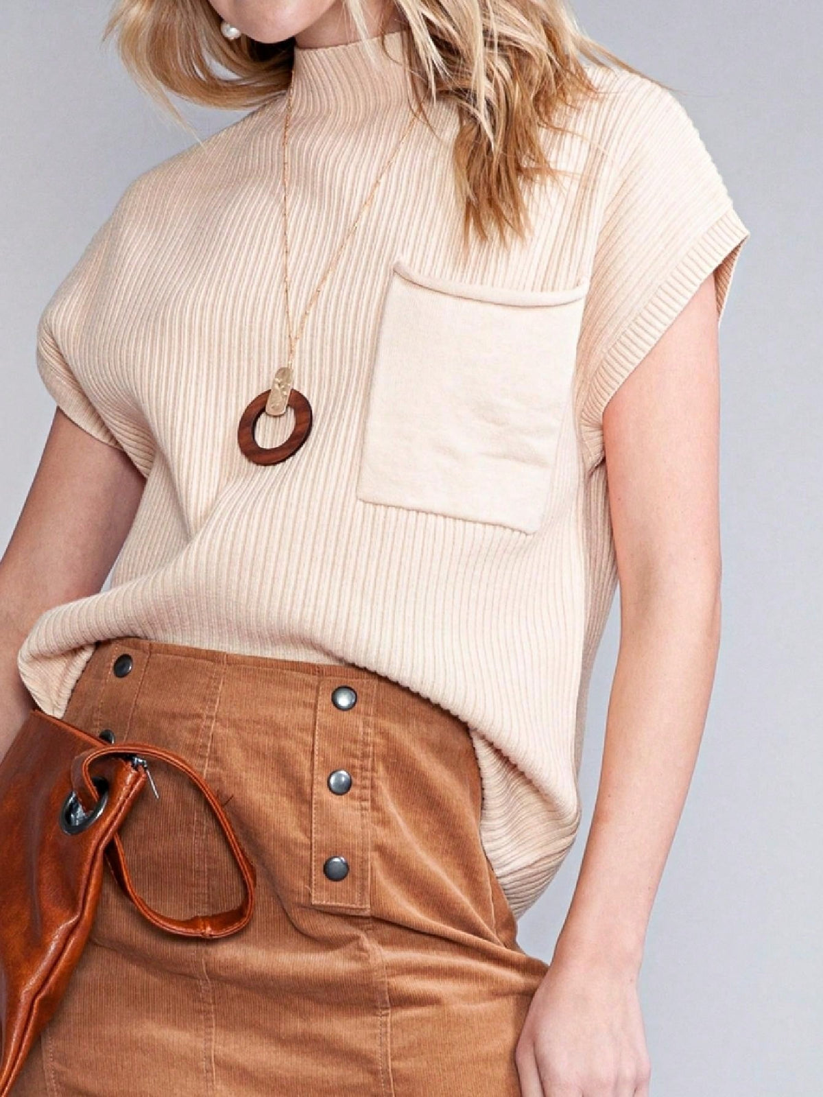 Boho Retro Vintage Viscose Vanilla Beige Green Front Pocket High Mock Neck Ribbed Top Shirt Blouse Vest