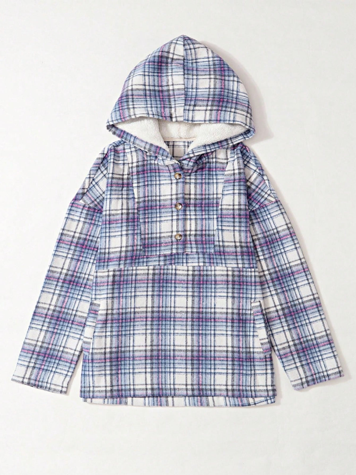 Boho Retro Vintage 90's Beige Blue Button Hooded Plaid Drop Shoulder Anorak Kangaroo Pocket Sweatshirt Pullover Hoodie