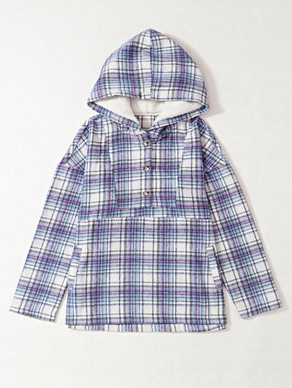 Boho Retro Vintage 90's Beige Blue Button Hooded Plaid Drop Shoulder Anorak Kangaroo Pocket Sweatshirt Pullover Hoodie