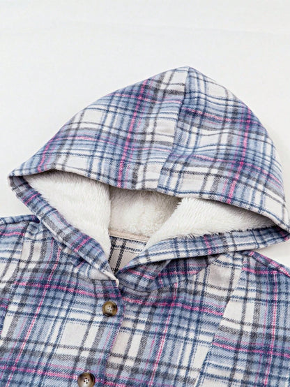 Boho Retro Vintage 90's Beige Blue Button Hooded Plaid Drop Shoulder Anorak Kangaroo Pocket Sweatshirt Pullover Hoodie