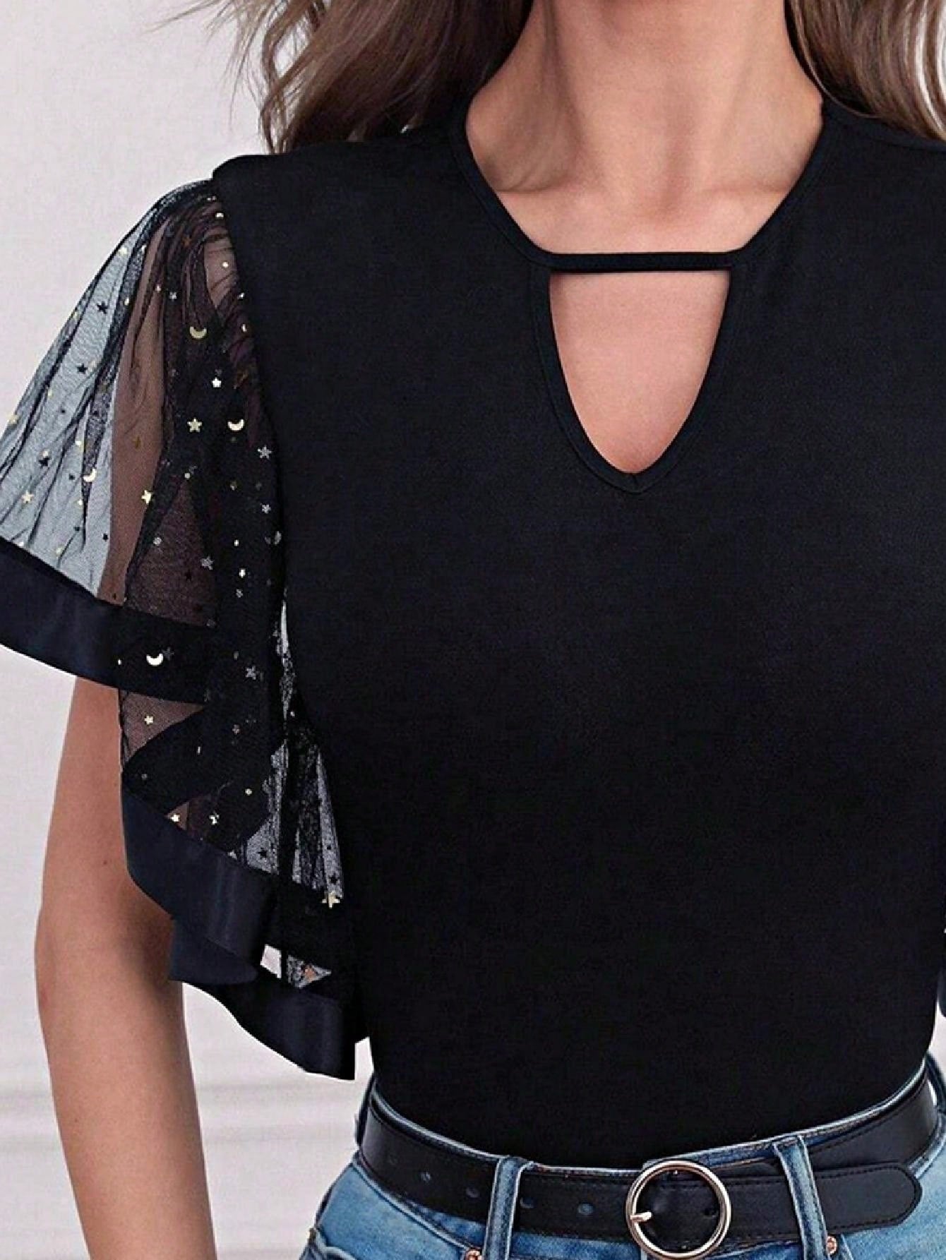 Boho Retro Vintage Viscose 90's Star Mesh Elegance Famine Key Hole Black Party Top Shirt Blouse