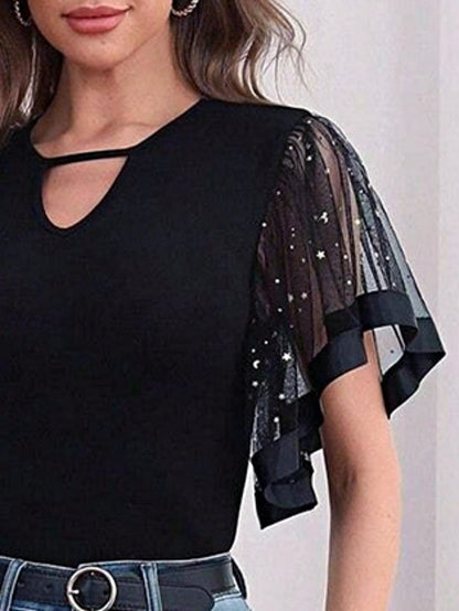 Boho Retro Vintage Viscose 90's Star Mesh Elegance Famine Key Hole Black Party Top Shirt Blouse