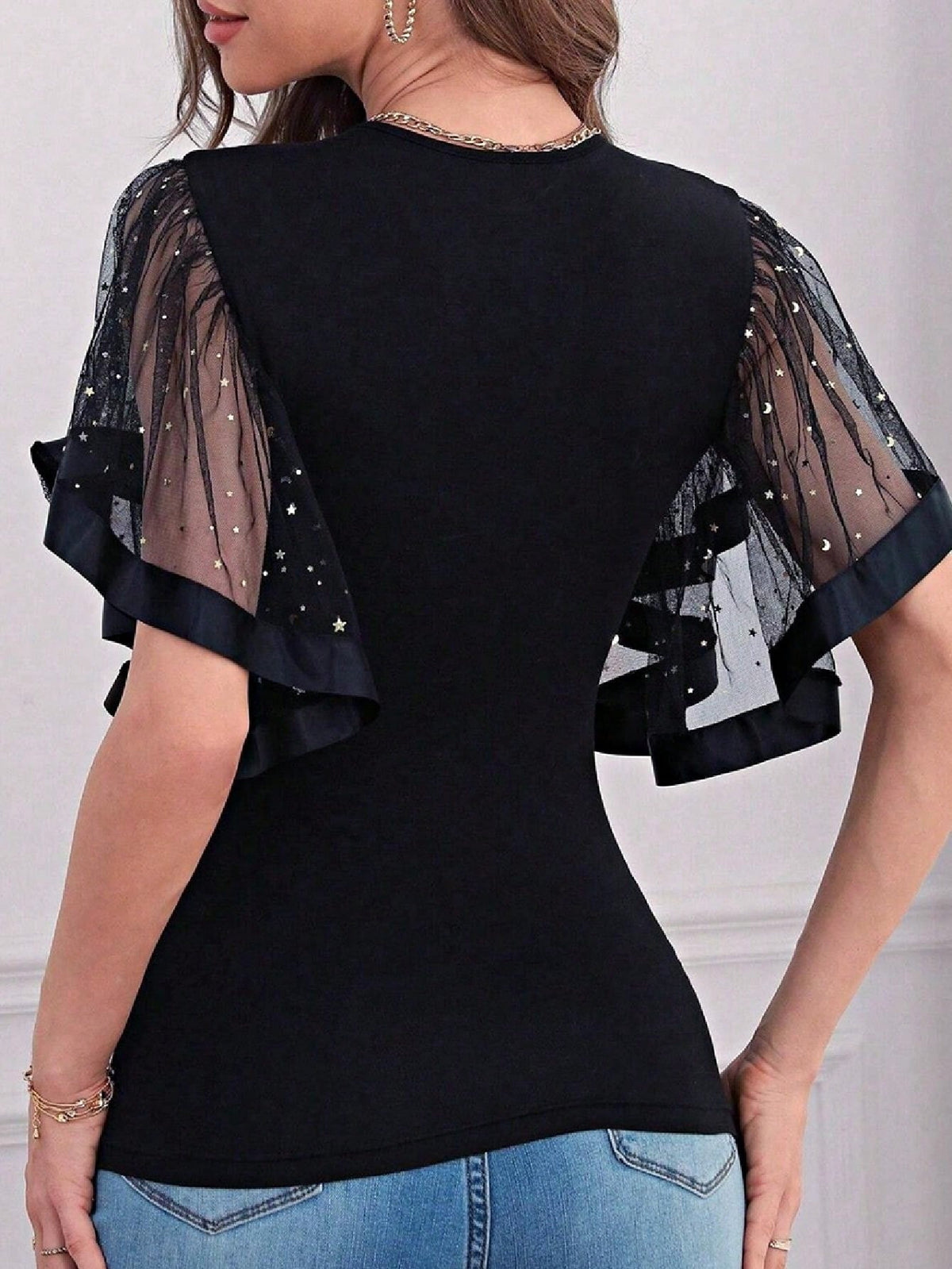 Boho Retro Vintage Viscose 90's Star Mesh Elegance Famine Key Hole Black Party Top Shirt Blouse