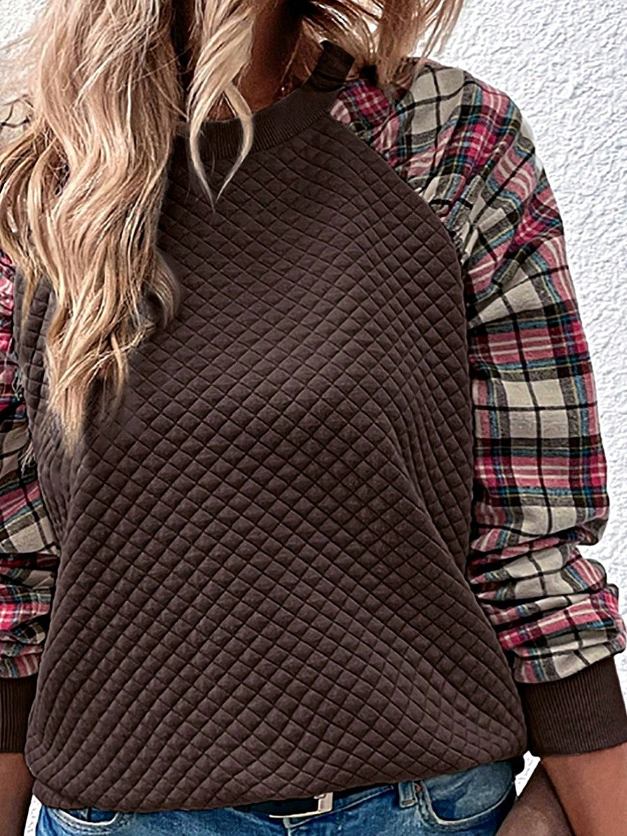 Boho Retro Vintage 90's Shirred Raglan Plaid Shoulder  Long Sleeve  Quilted Top Shirt Sweatshirt Pullover