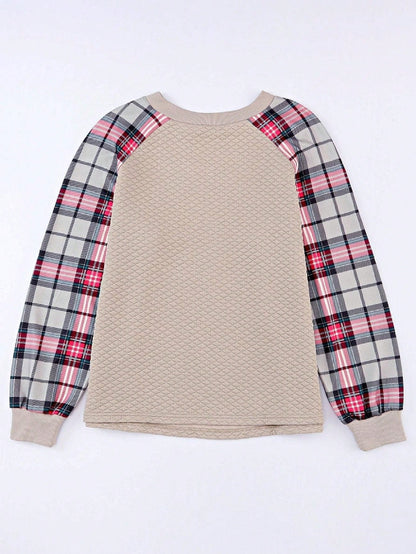 Boho Retro Vintage 90's Shirred Raglan Plaid Shoulder  Long Sleeve  Quilted Top Shirt Sweatshirt Pullover