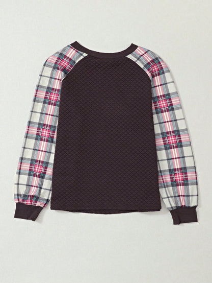 Boho Retro Vintage 90's Shirred Raglan Plaid Shoulder  Long Sleeve  Quilted Top Shirt Sweatshirt Pullover