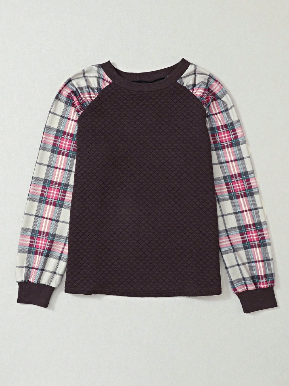 Boho Retro Vintage 90's Shirred Raglan Plaid Shoulder  Long Sleeve  Quilted Top Shirt Sweatshirt Pullover