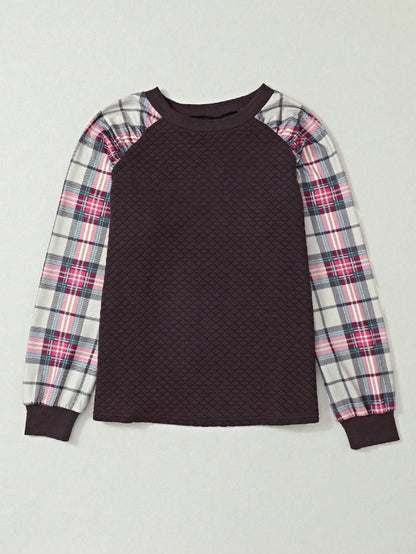 Boho Retro Vintage 90's Shirred Raglan Plaid Shoulder  Long Sleeve  Quilted Top Shirt Sweatshirt Pullover