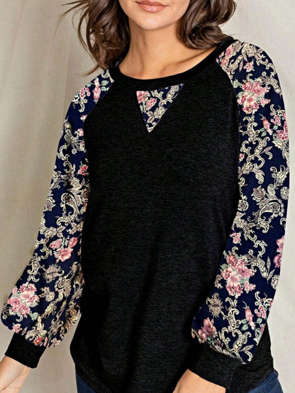 Boho Retro 90's Vintage  Preppy V Stitch  Stripe Knit Contrast Binding Brushed Soft Floral Raglan Sleeve Tunic Top Pullover Only