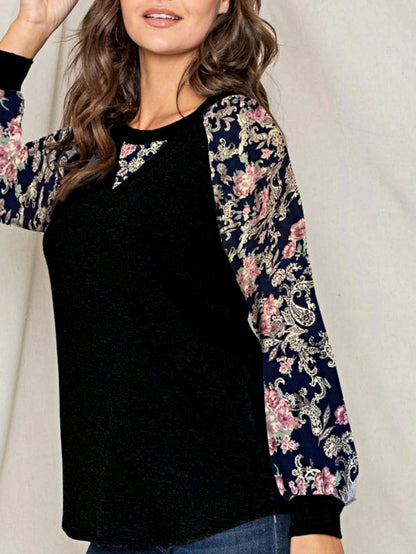 Boho Retro 90's Vintage  Preppy V Stitch  Stripe Knit Contrast Binding Brushed Soft Floral Raglan Sleeve Tunic Top Pullover Only