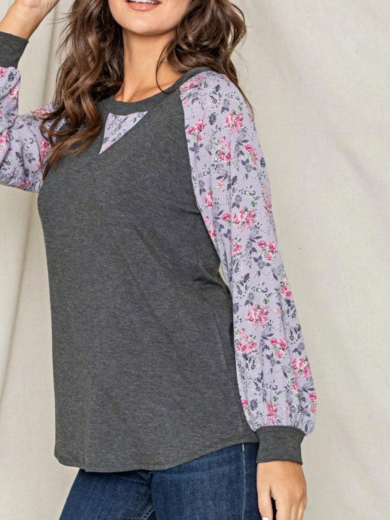 Boho Retro 90's Vintage  Preppy V Stitch  Stripe Knit Contrast Binding Brushed Soft Floral Raglan Sleeve Tunic Top Pullover Only