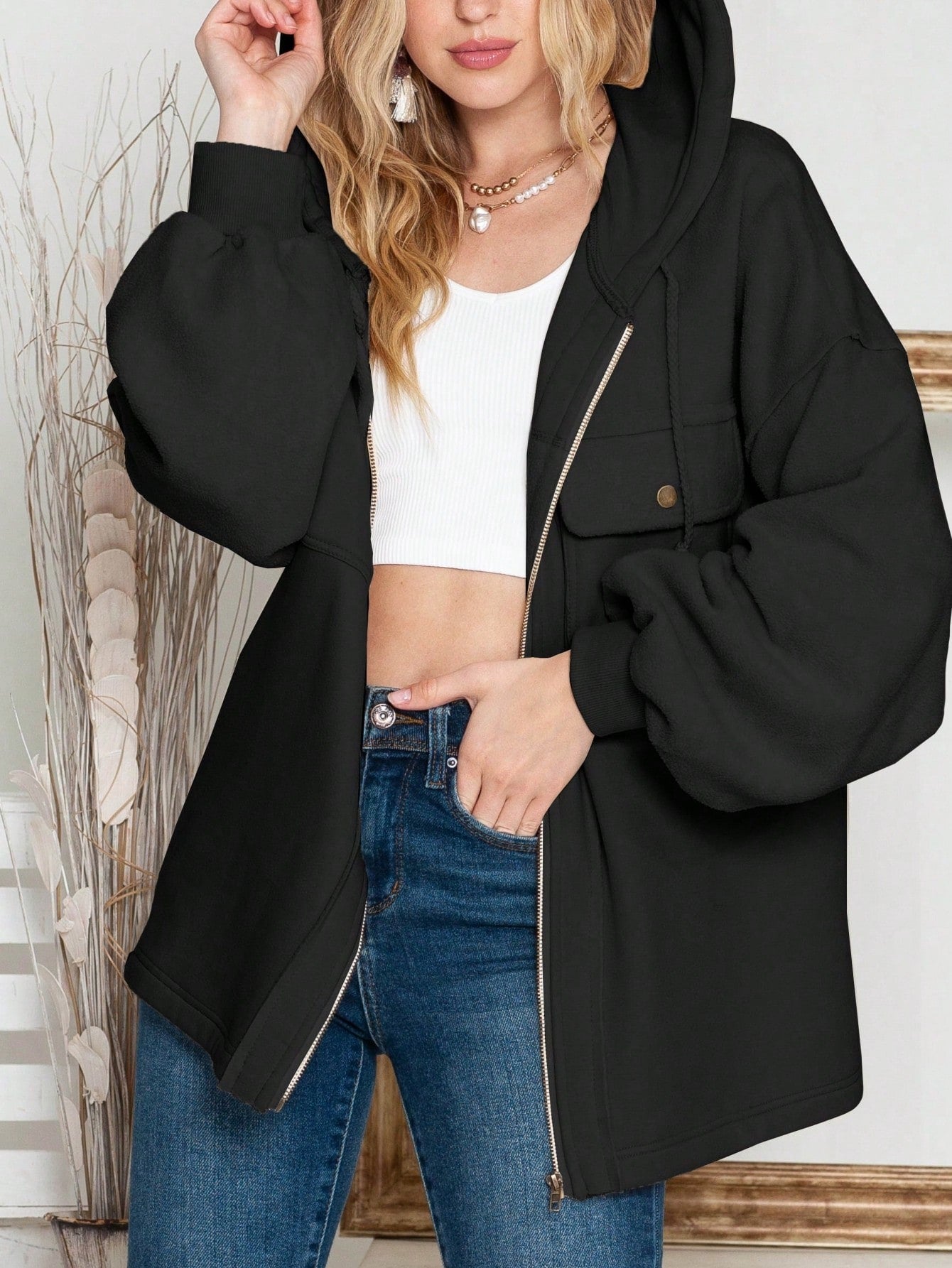 Boho Retro 90's Oversized Puff Bishop Drop Shoulder Sleeve Pocket Front Zip Up Cotton Canvas Inside Out Hooded Jacket