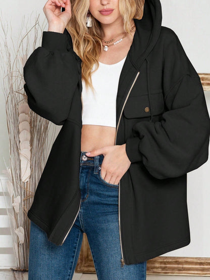 Boho Retro 90's Oversized Puff Bishop Drop Shoulder Sleeve Pocket Front Zip Up Cotton Canvas Inside Out Hooded Jacket
