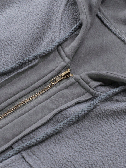 Boho Retro 90's Oversized Puff Bishop Drop Shoulder Sleeve Pocket Front Zip Up Cotton Canvas Inside Out Hooded Jacket